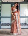 Terracotta Brown Handprinted Pure Cotton Linen Saree | Floral Print with Blouse & Tassels