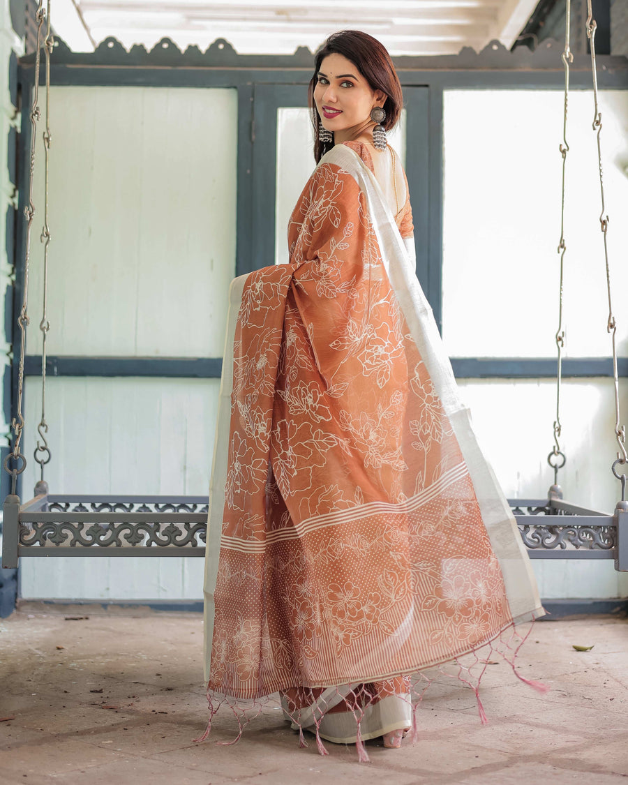 Terracotta Brown Handprinted Pure Cotton Linen Saree | Floral Print with Blouse & Tassels