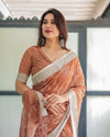 Terracotta Brown Handprinted Pure Cotton Linen Saree | Floral Print with Blouse & Tassels