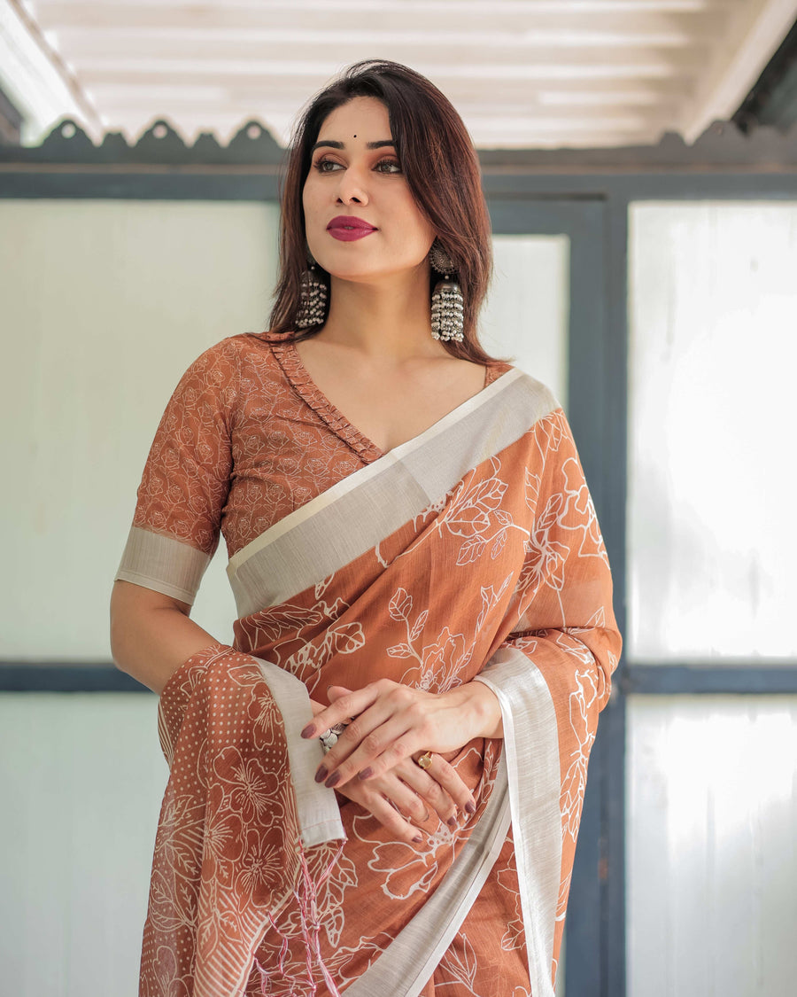 Terracotta Brown Handprinted Pure Cotton Linen Saree | Floral Print with Blouse & Tassels
