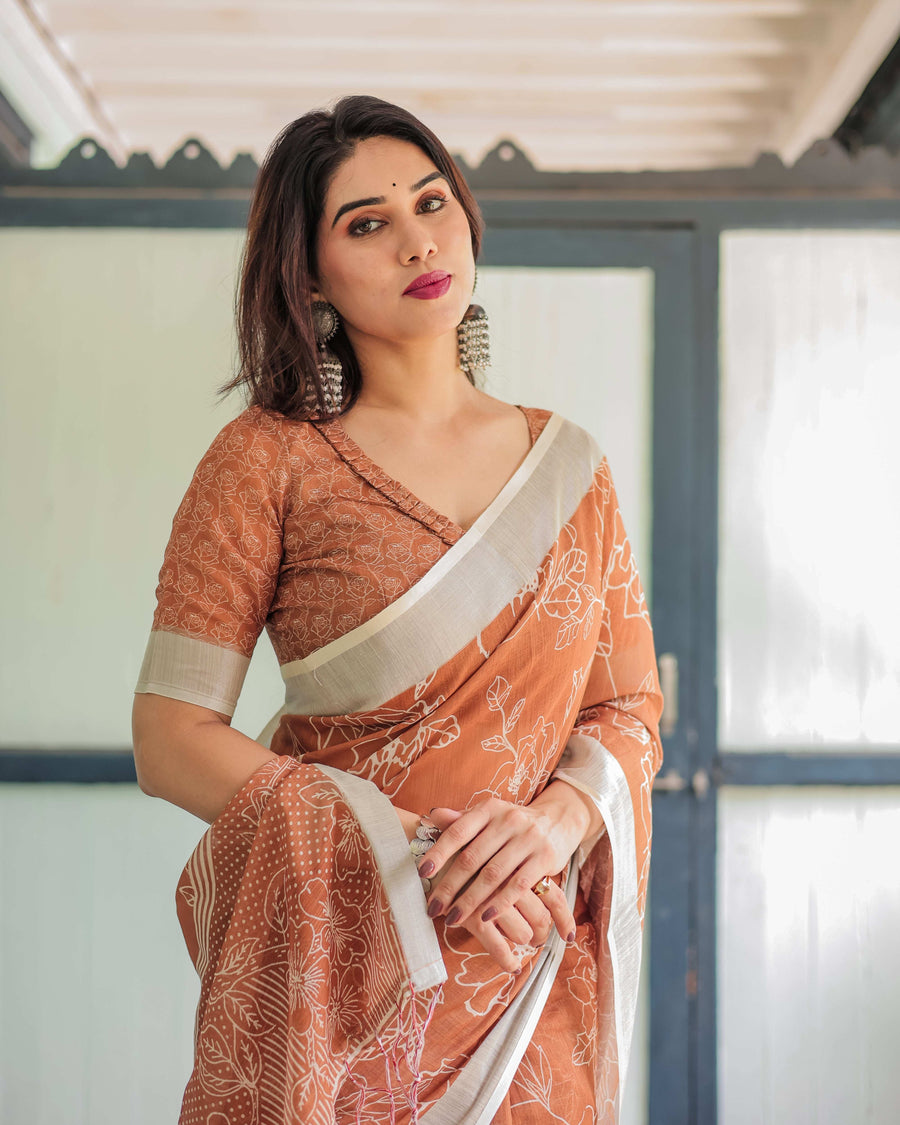 Terracotta Brown Handprinted Pure Cotton Linen Saree | Floral Print with Blouse & Tassels