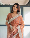 Terracotta Brown Handprinted Pure Cotton Linen Saree | Floral Print with Blouse & Tassels