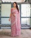 Rose Pink Pure Cotton Linen Saree with White Thread Work, Matching Blouse, and Tassel Edges