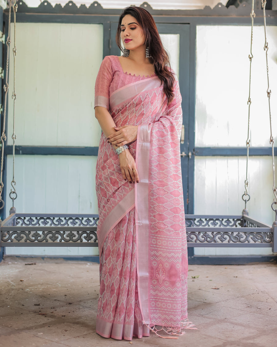 Rose Pink Pure Cotton Linen Saree with White Thread Work, Matching Blouse, and Tassel Edges