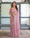 Rose Pink Pure Cotton Linen Saree with White Thread Work, Matching Blouse, and Tassel Edges