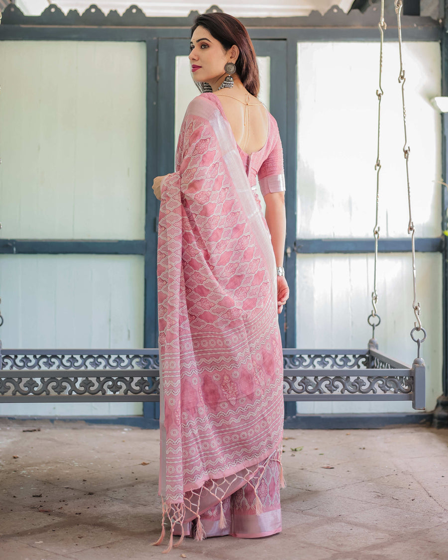 Rose Pink Pure Cotton Linen Saree | White Thread Work with Matching Blouse & Tassel Edges