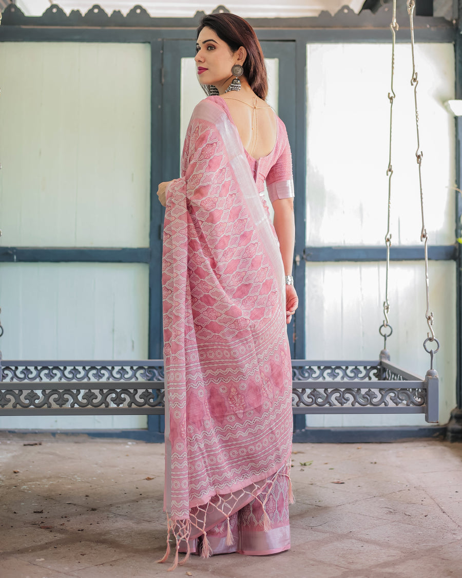 Rose Pink Pure Cotton Linen Saree with White Thread Work, Matching Blouse, and Tassel Edges