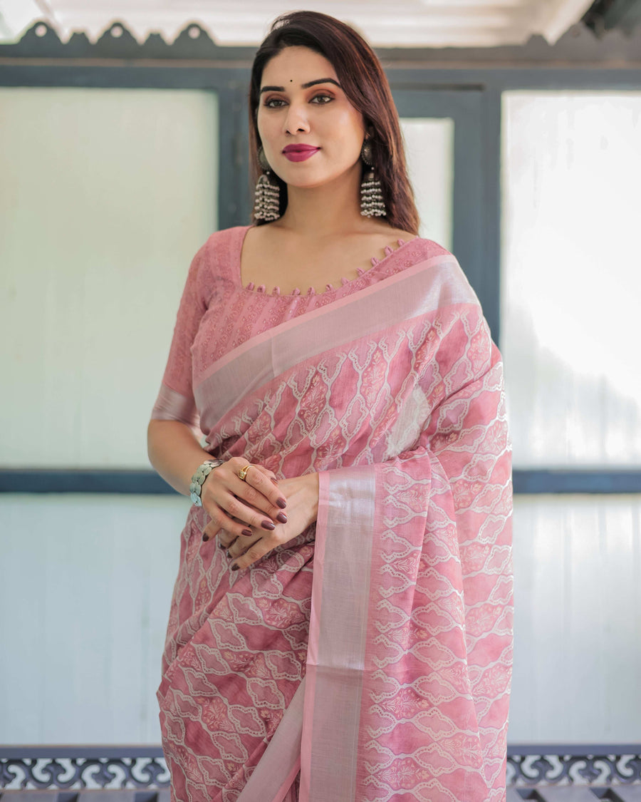 Rose Pink Pure Cotton Linen Saree | White Thread Work with Matching Blouse & Tassel Edges
