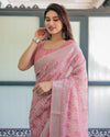 Rose Pink Pure Cotton Linen Saree with White Thread Work, Matching Blouse, and Tassel Edges