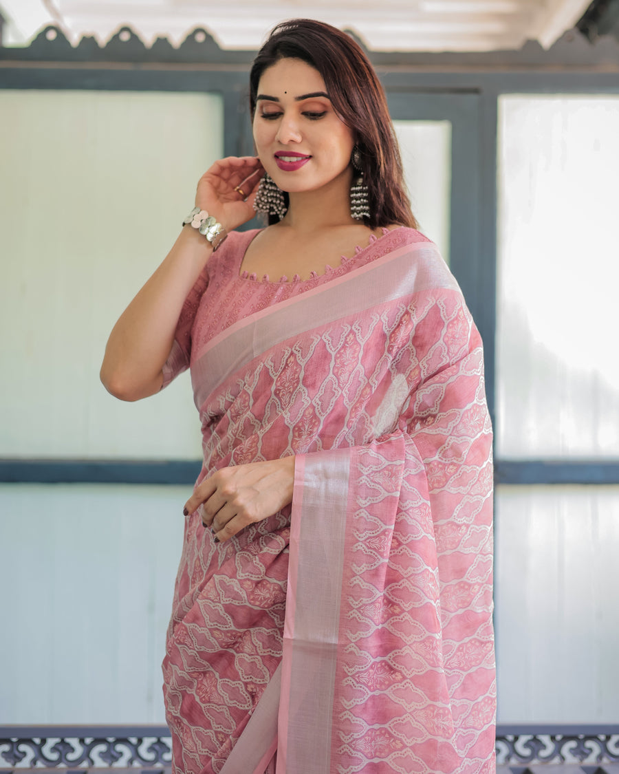 Rose Pink Pure Cotton Linen Saree with White Thread Work, Matching Blouse, and Tassel Edges