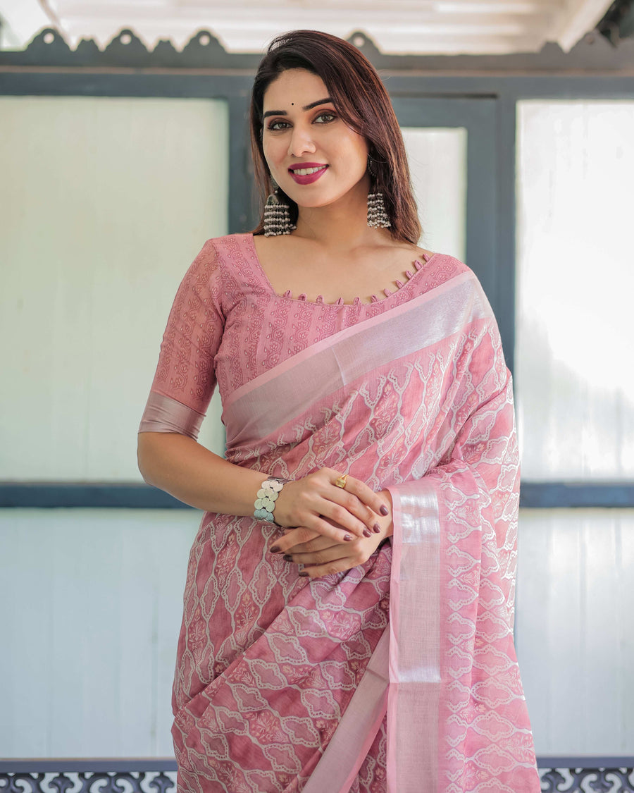 Rose Pink Pure Cotton Linen Saree | White Thread Work with Matching Blouse & Tassel Edges