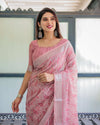 Rose Pink Pure Cotton Linen Saree | White Thread Work with Matching Blouse & Tassel Edges