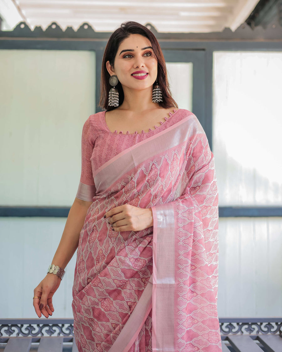 Rose Pink Pure Cotton Linen Saree | White Thread Work with Matching Blouse & Tassel Edges