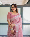 Rose Pink Pure Cotton Linen Saree with White Thread Work, Matching Blouse, and Tassel Edges