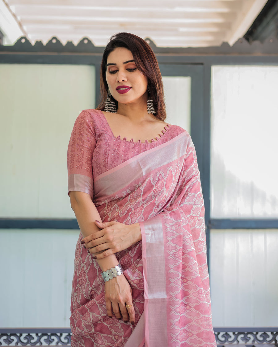 Rose Pink Pure Cotton Linen Saree with White Thread Work, Matching Blouse, and Tassel Edges
