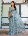 Light Blue Pure Cotton Linen Saree | Geometric & Floral Pattern with Blouse & Tassels
