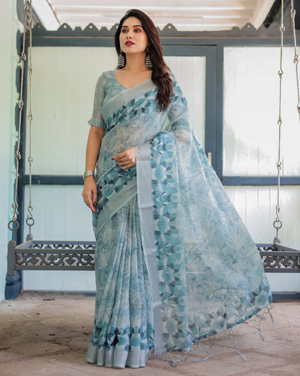 Light Blue Pure Cotton Linen Saree | Geometric & Floral Pattern with Blouse & Tassels
