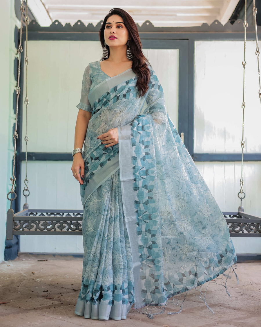 Light Blue Pure Cotton Linen Saree | Geometric & Floral Pattern with Blouse & Tassels