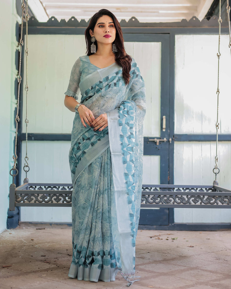 Light Blue Pure Cotton Linen Saree | Geometric & Floral Pattern with Blouse & Tassels