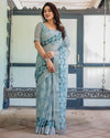 Light Blue Pure Cotton Linen Saree with Geometric and Floral Patterns, Blouse, and Tassels