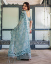 Light Blue Pure Cotton Linen Saree | Geometric & Floral Pattern with Blouse & Tassels