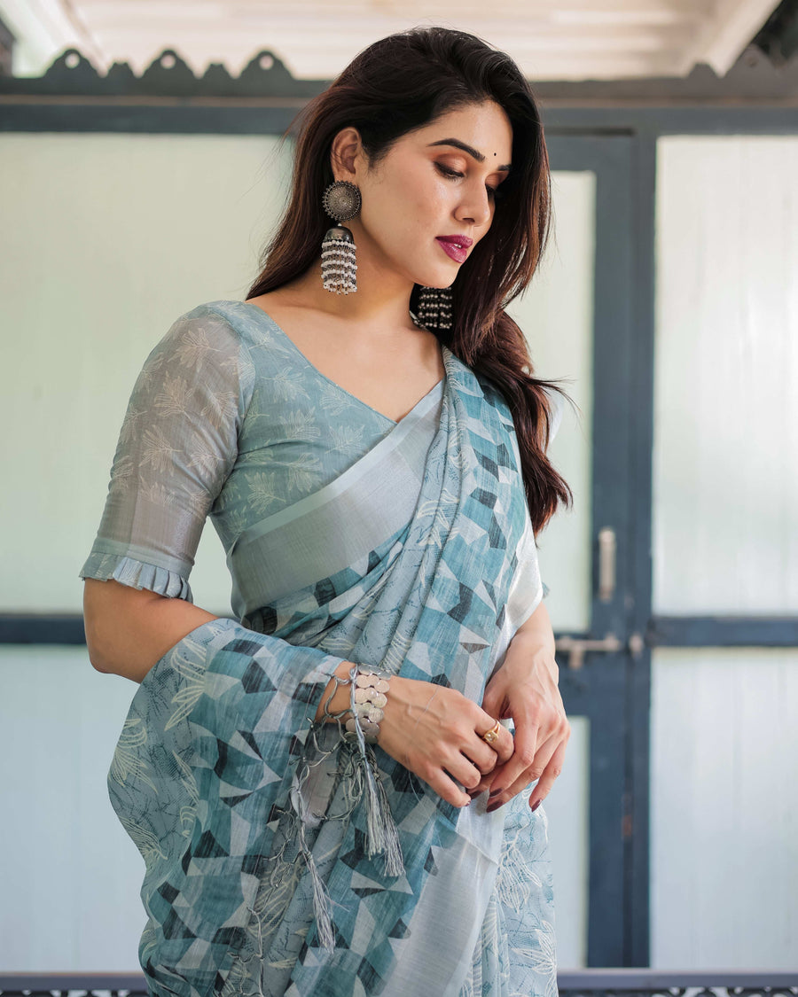 Light Blue Pure Cotton Linen Saree | Geometric & Floral Pattern with Blouse & Tassels