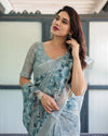 Light Blue Pure Cotton Linen Saree | Geometric & Floral Pattern with Blouse & Tassels