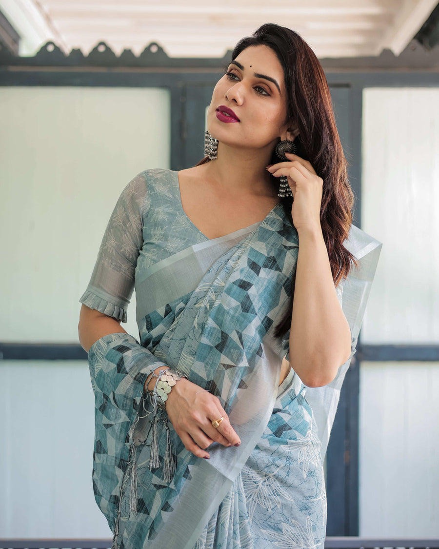 Light Blue Pure Cotton Linen Saree | Geometric & Floral Pattern with Blouse & Tassels