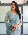 Light Blue Pure Cotton Linen Saree | Geometric & Floral Pattern with Blouse & Tassels