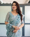 Light Blue Pure Cotton Linen Saree | Geometric & Floral Pattern with Blouse & Tassels