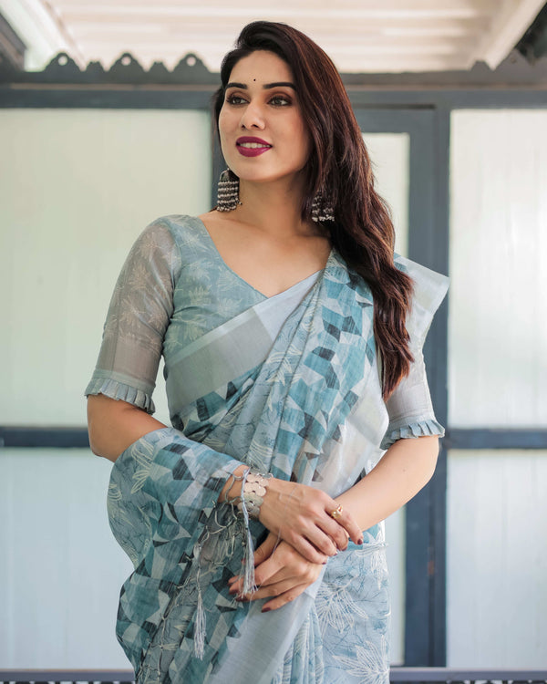 Light Blue Pure Cotton Linen Saree | Geometric & Floral Pattern with Blouse & Tassels
