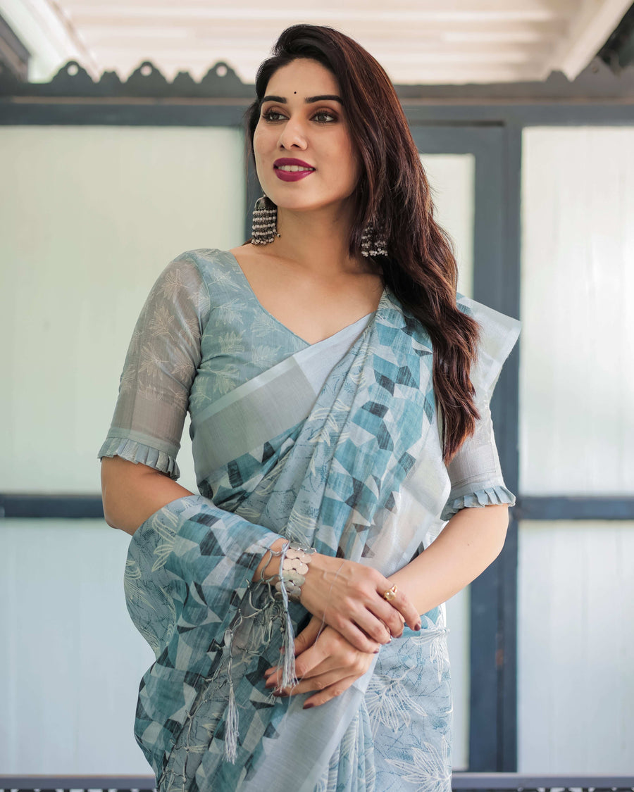 Light Blue Pure Cotton Linen Saree | Geometric & Floral Pattern with Blouse & Tassels
