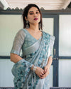 Light Blue Pure Cotton Linen Saree | Geometric & Floral Pattern with Blouse & Tassels