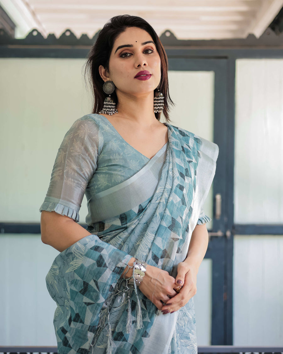 Light Blue Pure Cotton Linen Saree | Geometric & Floral Pattern with Blouse & Tassels