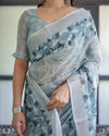 Light Blue Pure Cotton Linen Saree | Geometric & Floral Pattern with Blouse & Tassels