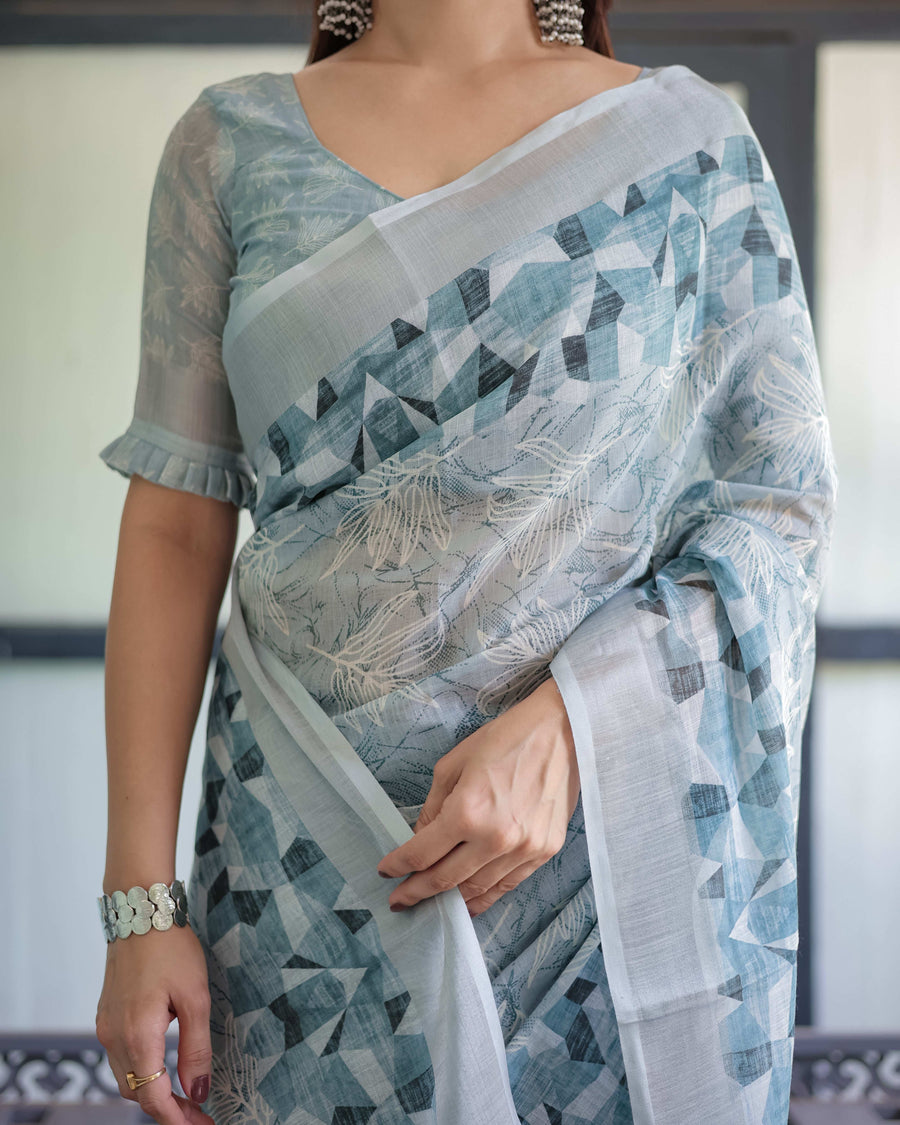 Light Blue Pure Cotton Linen Saree | Geometric & Floral Pattern with Blouse & Tassels