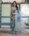 Pastel Blue Floral & Geometric Printed Cotton Linen Saree | Blouse & Tassel Edges