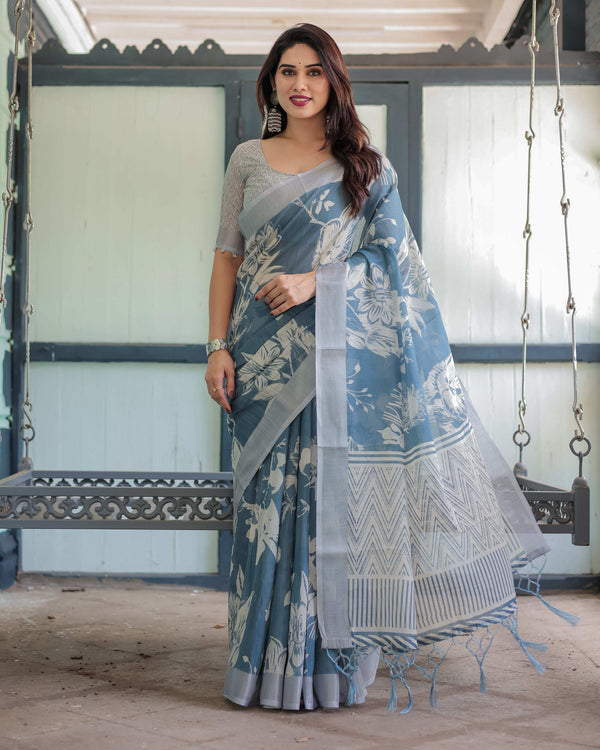 Pastel Blue Floral & Geometric Printed Cotton Linen Saree | Blouse & Tassel Edges