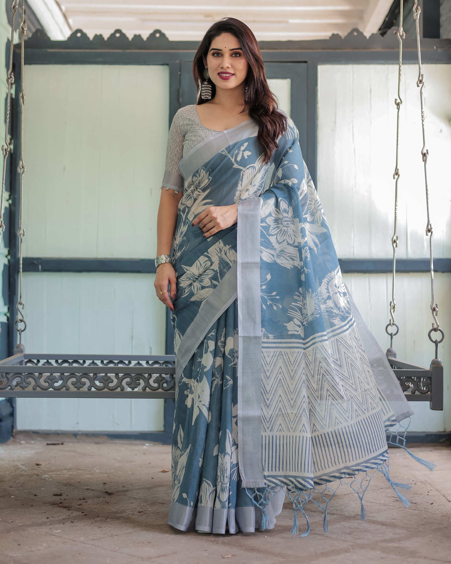 Pastel Blue Floral & Geometric Printed Cotton Linen Saree | Blouse & Tassel Edges