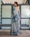 Pastel Blue Floral & Geometric Printed Cotton Linen Saree | Blouse & Tassel Edges