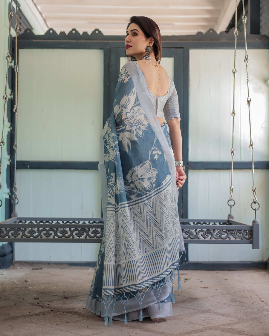 Pastel Blue Floral & Geometric Printed Cotton Linen Saree | Blouse & Tassel Edges