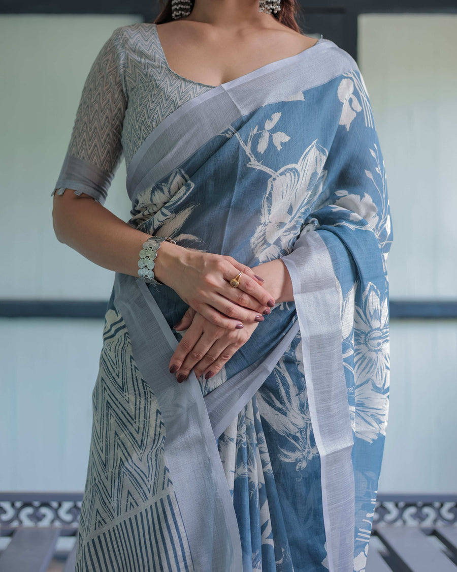 Pastel Blue Floral & Geometric Printed Cotton Linen Saree | Blouse & Tassel Edges