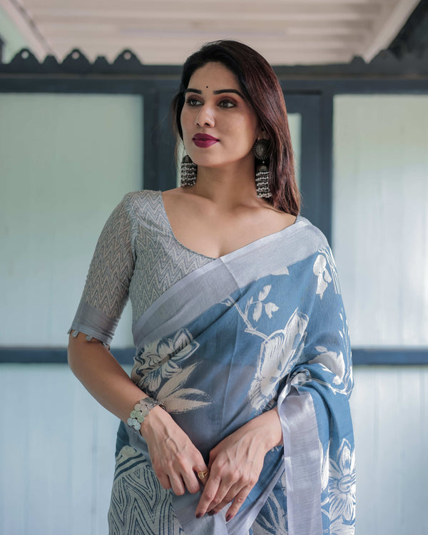 Pastel Blue Floral & Geometric Printed Cotton Linen Saree | Blouse & Tassel Edges