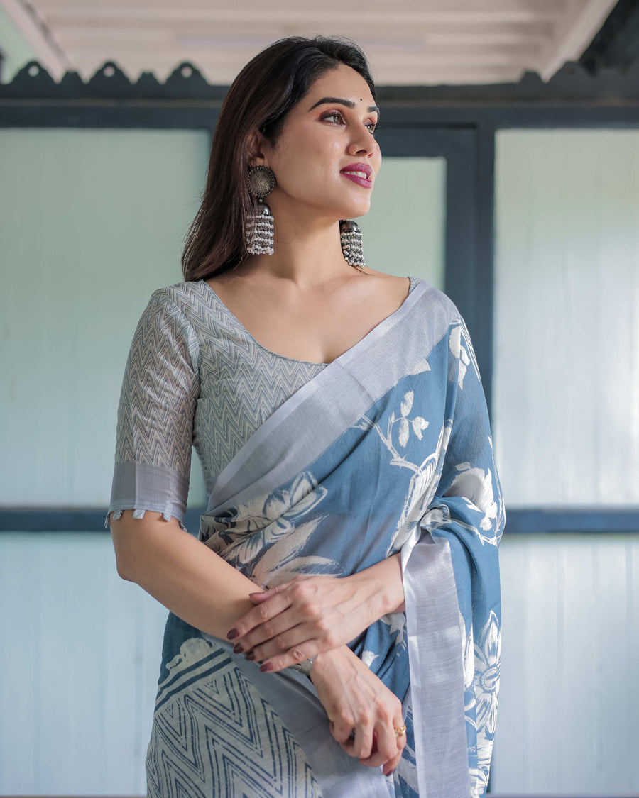 Pastel Blue Floral & Geometric Printed Cotton Linen Saree | Blouse & Tassel Edges