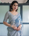 Pastel Blue Floral & Geometric Printed Cotton Linen Saree | Blouse & Tassel Edges