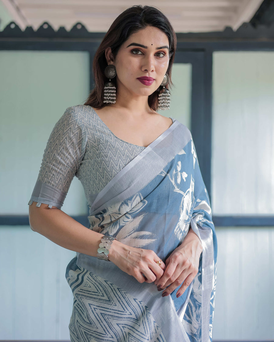 Pastel Blue Floral & Geometric Printed Cotton Linen Saree | Blouse & Tassel Edges