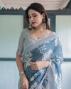 Pastel Blue Floral & Geometric Printed Cotton Linen Saree | Blouse & Tassel Edges