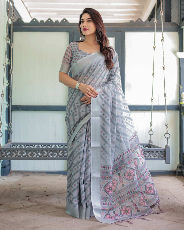 Grey Pastel Geometric & Floral Print Cotton Linen Saree | Blouse & Tassel Detailing