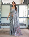 Grey Pastel Geometric & Floral Print Cotton Linen Saree | Blouse & Tassel Detailing