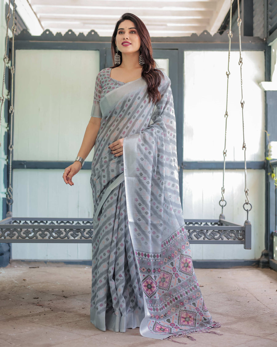 Grey Pastel Geometric & Floral Print Cotton Linen Saree | Blouse & Tassel Detailing